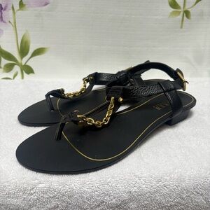 Ralph Lauren Black Ankle Leather Strap Gold Detail Sandle